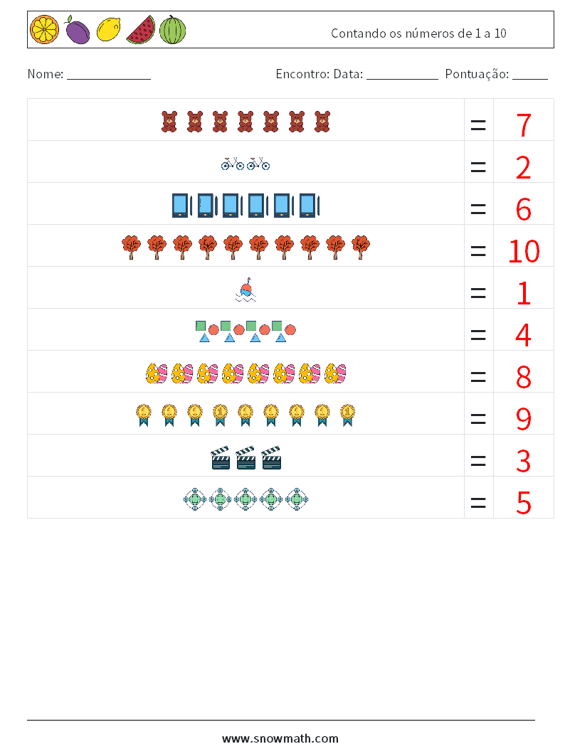 Contando os números de 1 a 10 planilhas matemáticas 2 Pergunta, Resposta