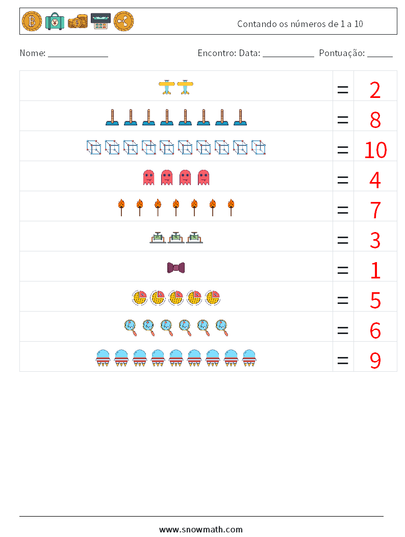 Contando os números de 1 a 10 planilhas matemáticas 3 Pergunta, Resposta