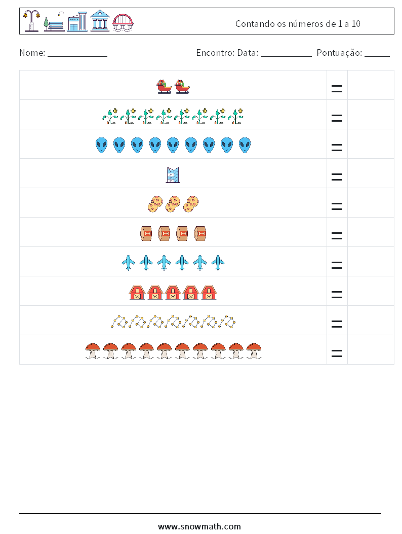 Contando os números de 1 a 10 planilhas matemáticas 4