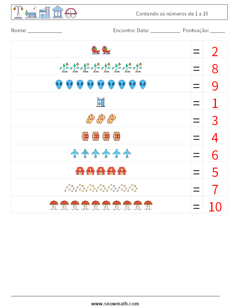 Contando os números de 1 a 10 planilhas matemáticas 4 Pergunta, Resposta