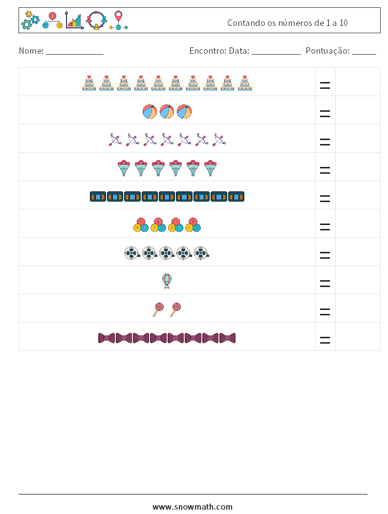 Contando os números de 1 a 10 planilhas matemáticas 5