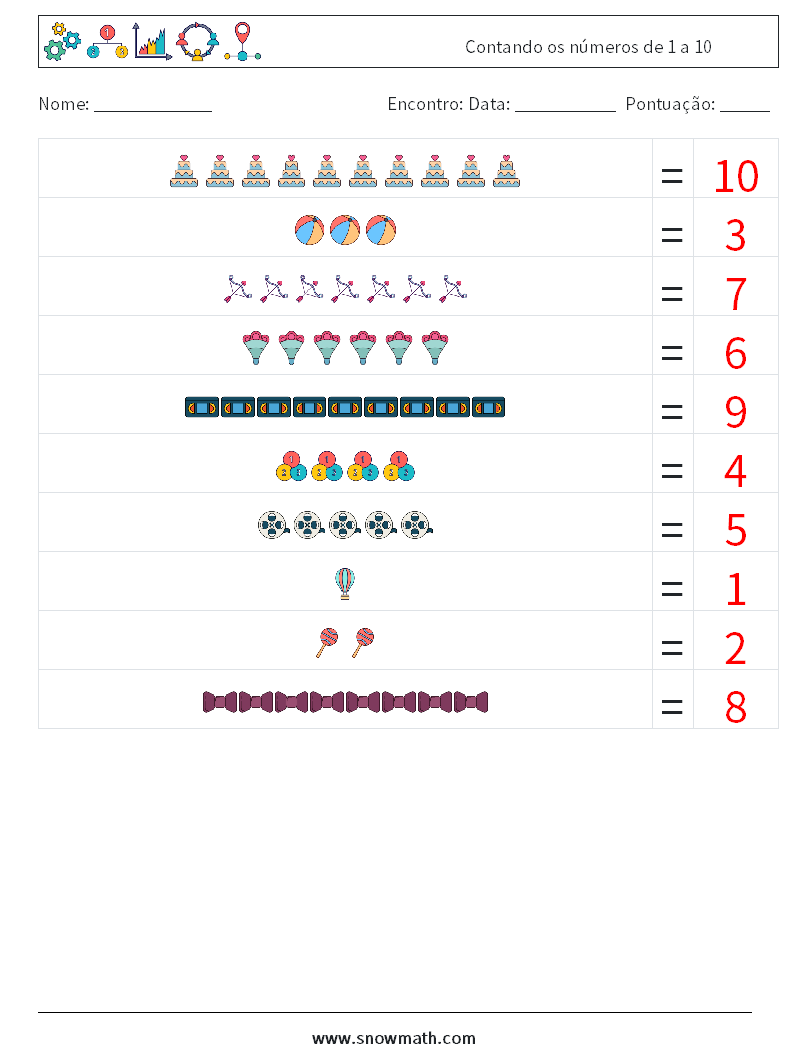 Contando os números de 1 a 10 planilhas matemáticas 5 Pergunta, Resposta