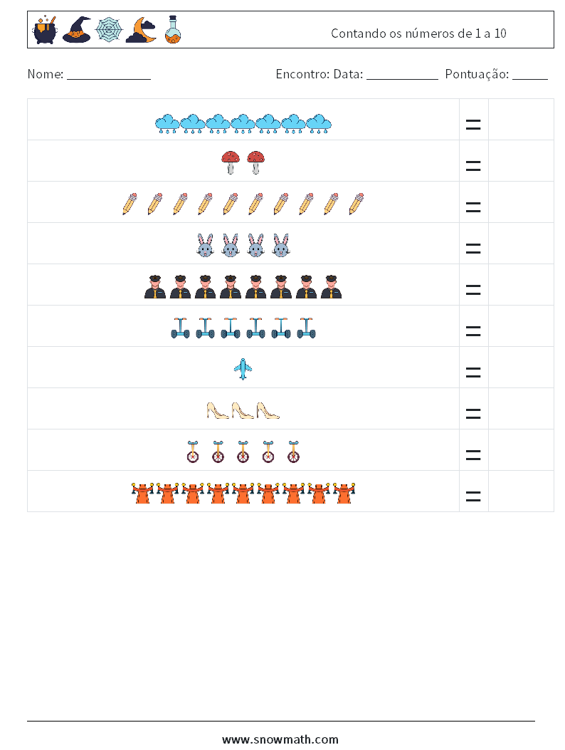 Contando os números de 1 a 10 planilhas matemáticas 6