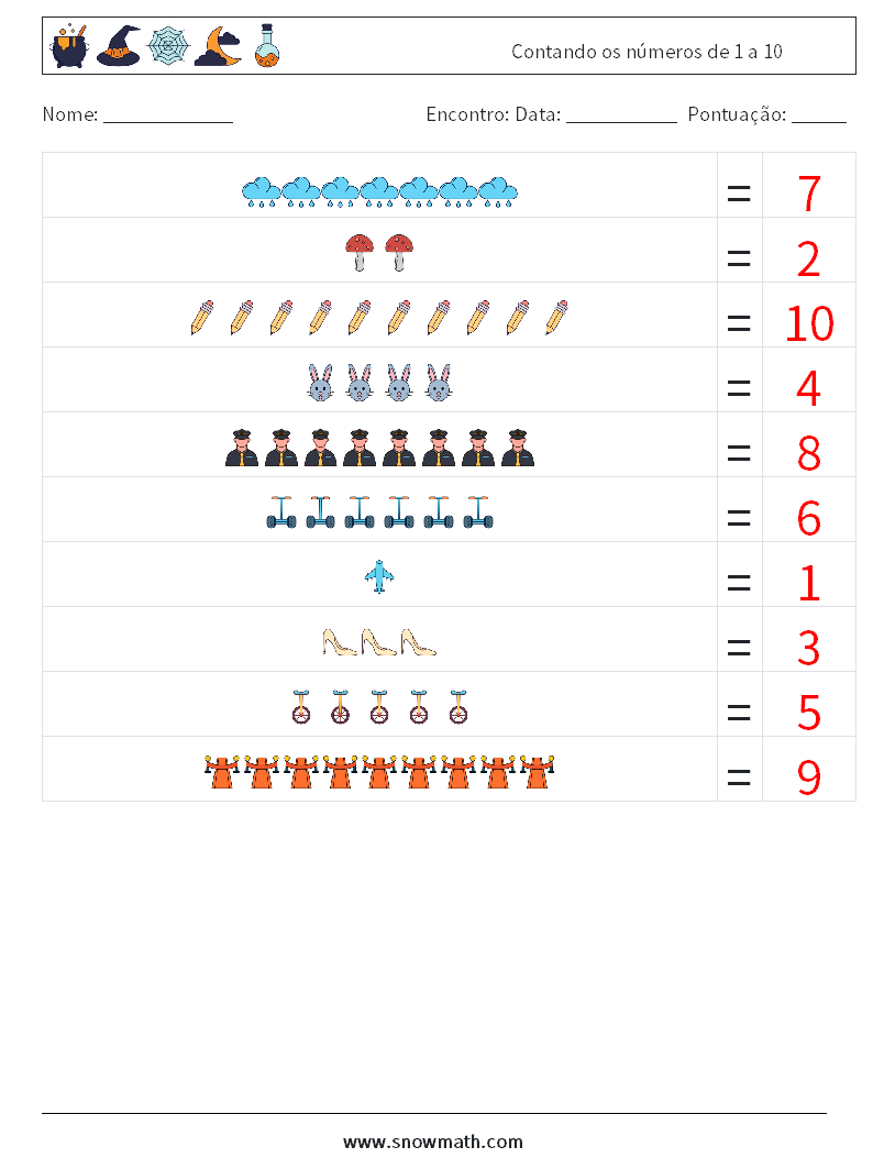 Contando os números de 1 a 10 planilhas matemáticas 6 Pergunta, Resposta