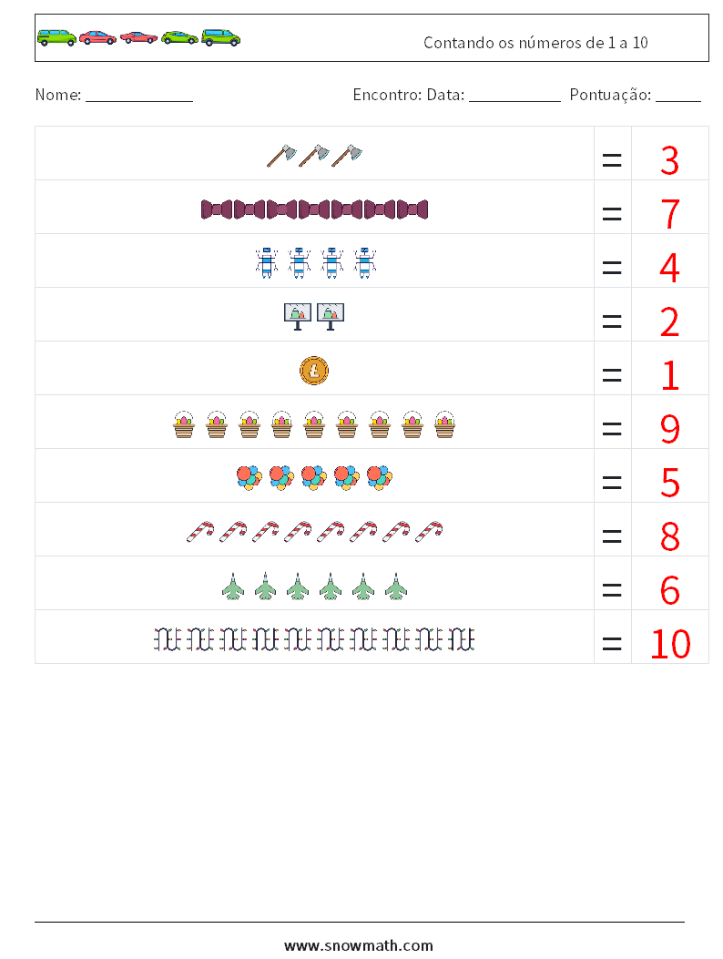 Contando os números de 1 a 10 planilhas matemáticas 7 Pergunta, Resposta