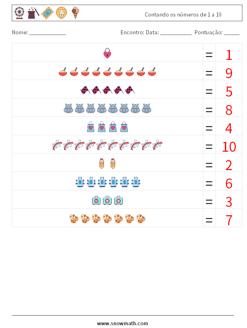 Contando os números de 1 a 10 planilhas matemáticas 8 Pergunta, Resposta