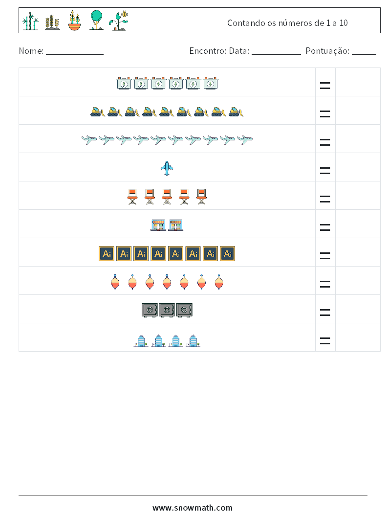 Contando os números de 1 a 10 planilhas matemáticas 9