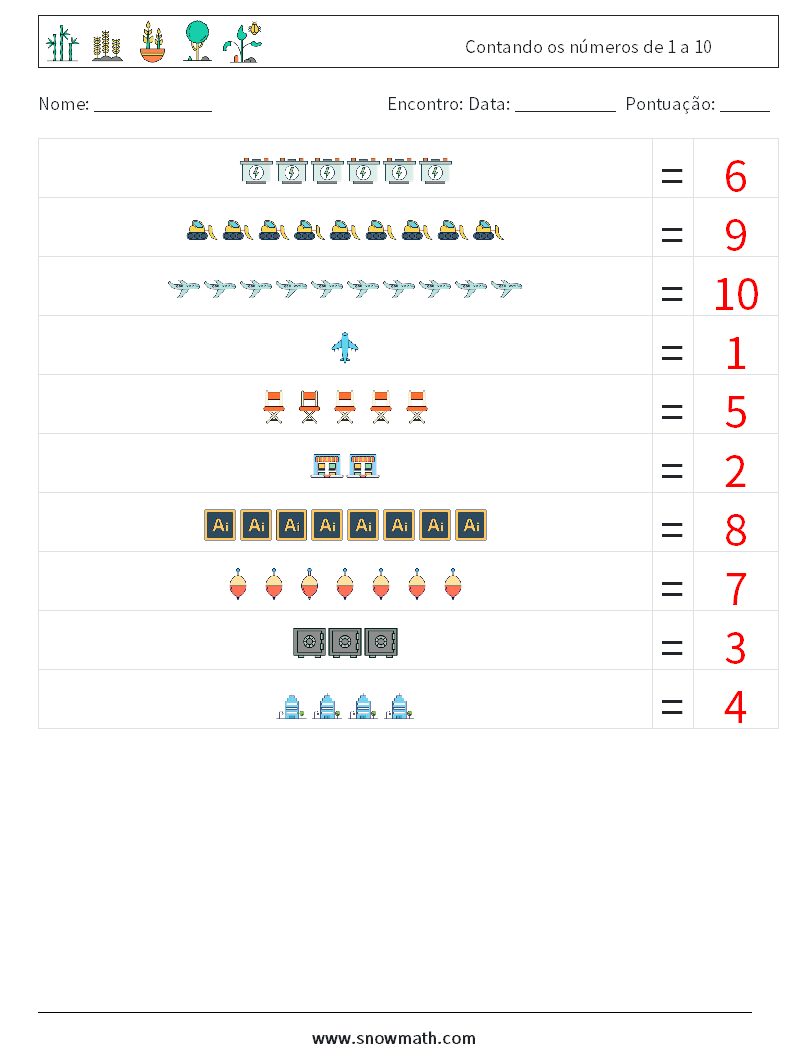 Contando os números de 1 a 10 planilhas matemáticas 9 Pergunta, Resposta