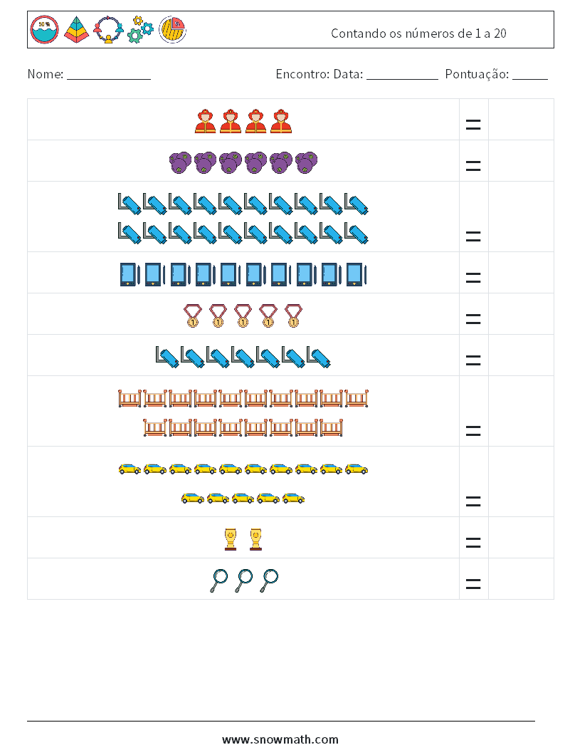 Contando os números de 1 a 20 planilhas matemáticas 10