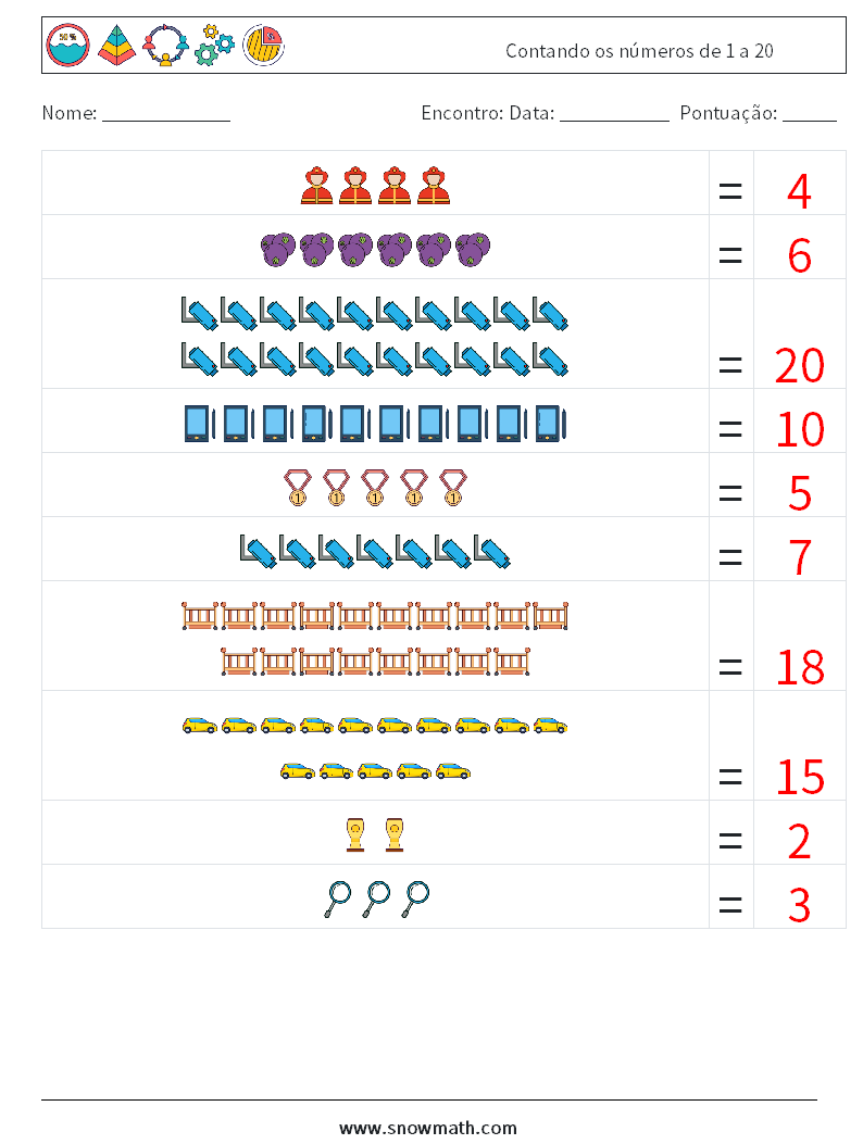 Contando os números de 1 a 20 planilhas matemáticas 10 Pergunta, Resposta