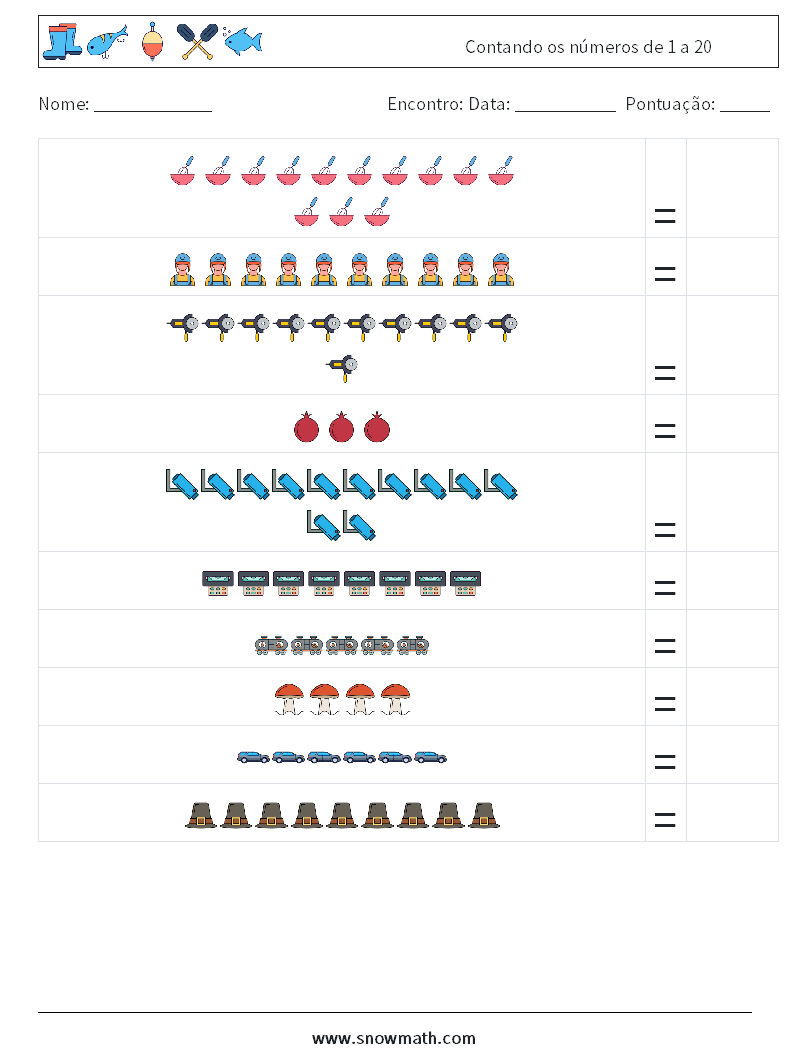 Contando os números de 1 a 20 planilhas matemáticas 11