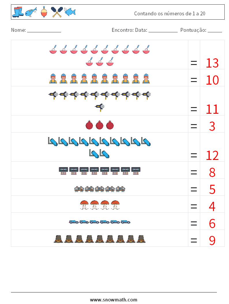 Contando os números de 1 a 20 planilhas matemáticas 11 Pergunta, Resposta
