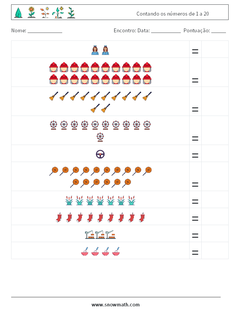 Contando os números de 1 a 20 planilhas matemáticas 12