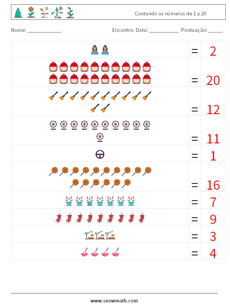 Contando os números de 1 a 20 planilhas matemáticas 12 Pergunta, Resposta