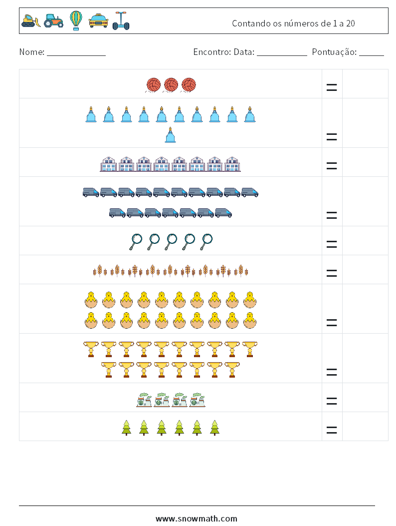 Contando os números de 1 a 20 planilhas matemáticas 13