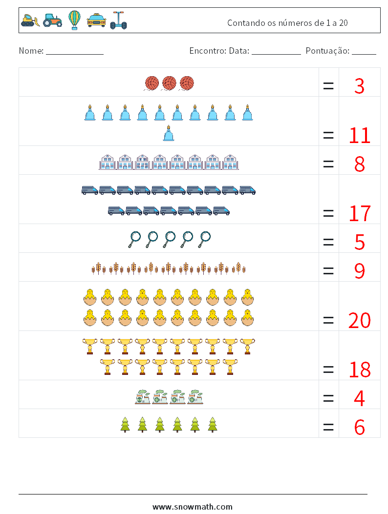 Contando os números de 1 a 20 planilhas matemáticas 13 Pergunta, Resposta