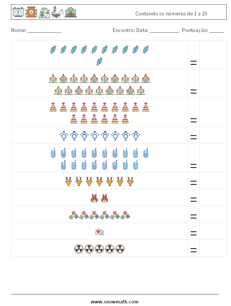 Contando os números de 1 a 20 planilhas matemáticas 14