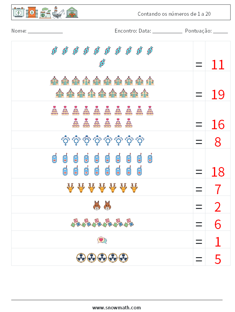 Contando os números de 1 a 20 planilhas matemáticas 14 Pergunta, Resposta