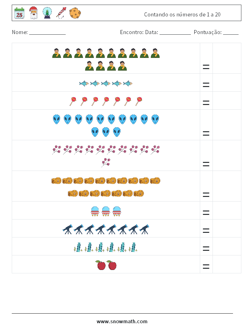 Contando os números de 1 a 20 planilhas matemáticas 15