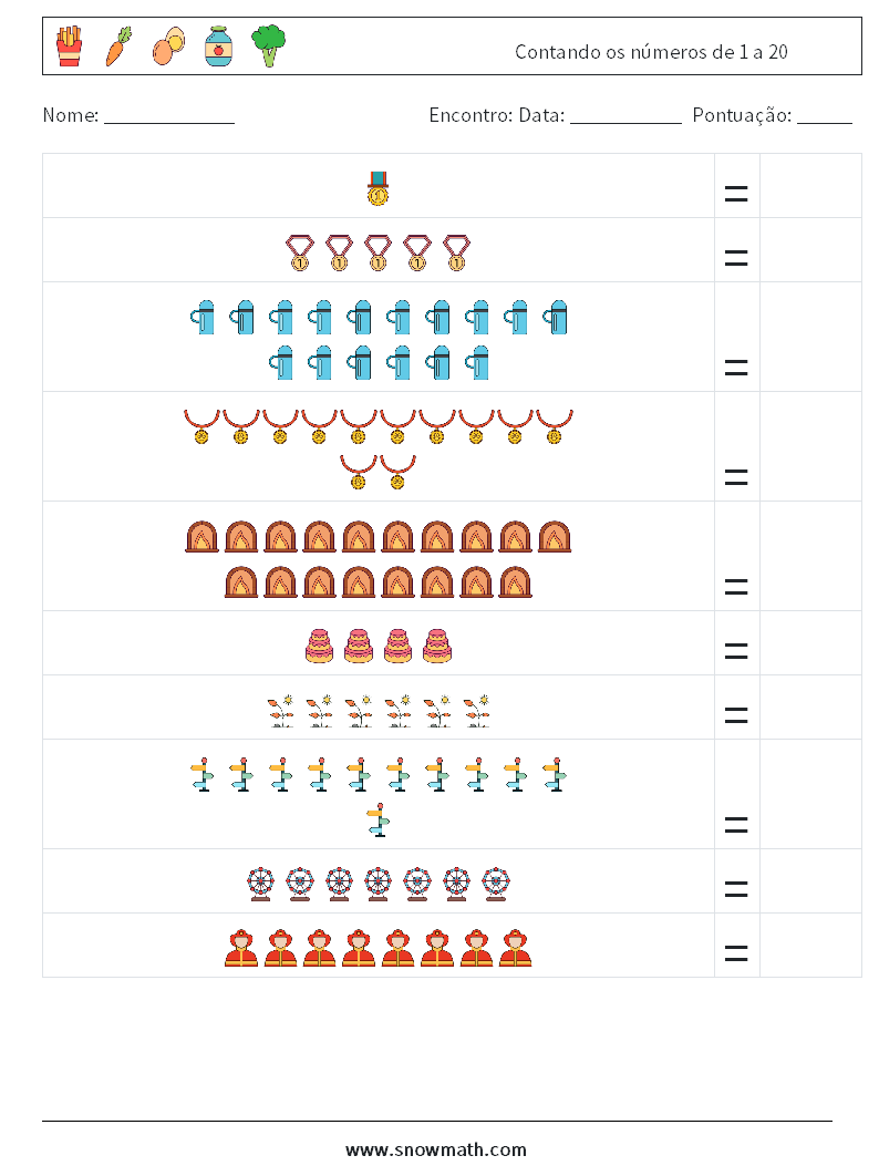 Contando os números de 1 a 20 planilhas matemáticas 16