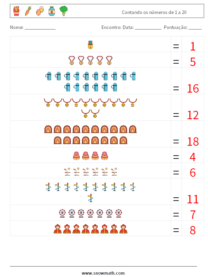 Contando os números de 1 a 20 planilhas matemáticas 16 Pergunta, Resposta