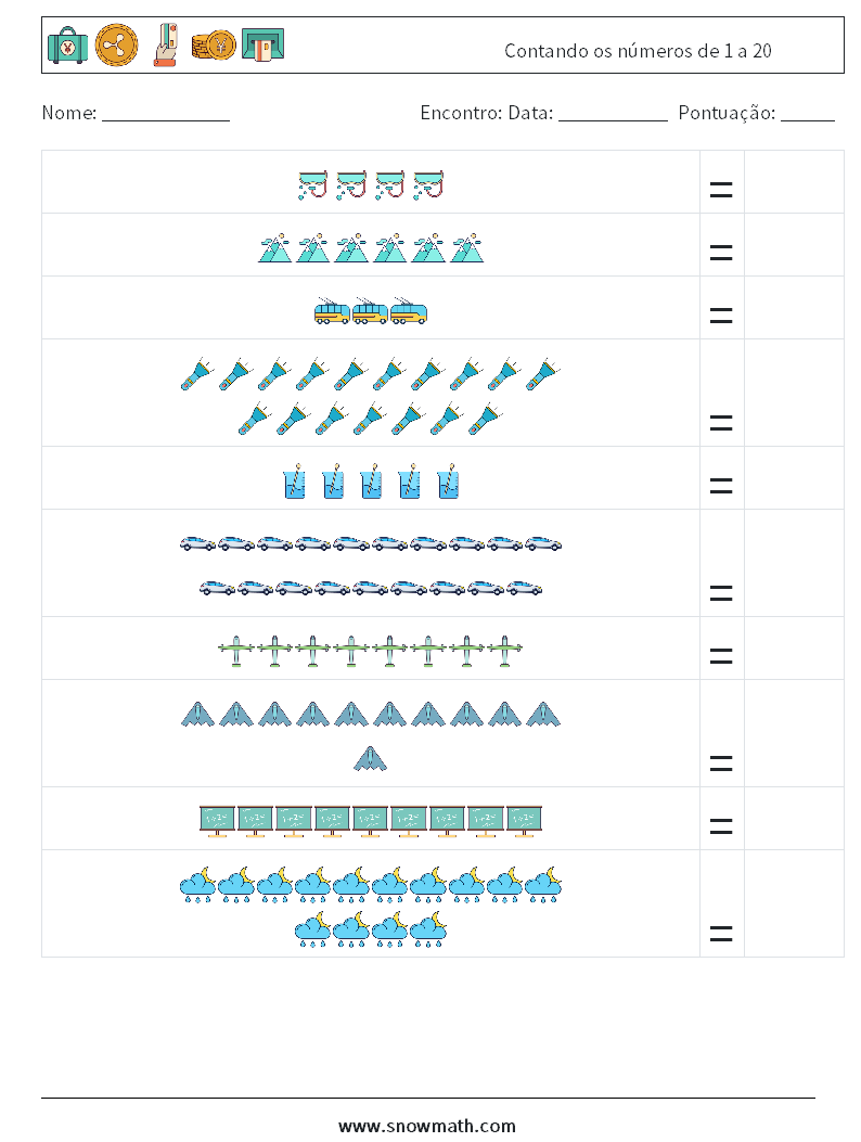 Contando os números de 1 a 20 planilhas matemáticas 17