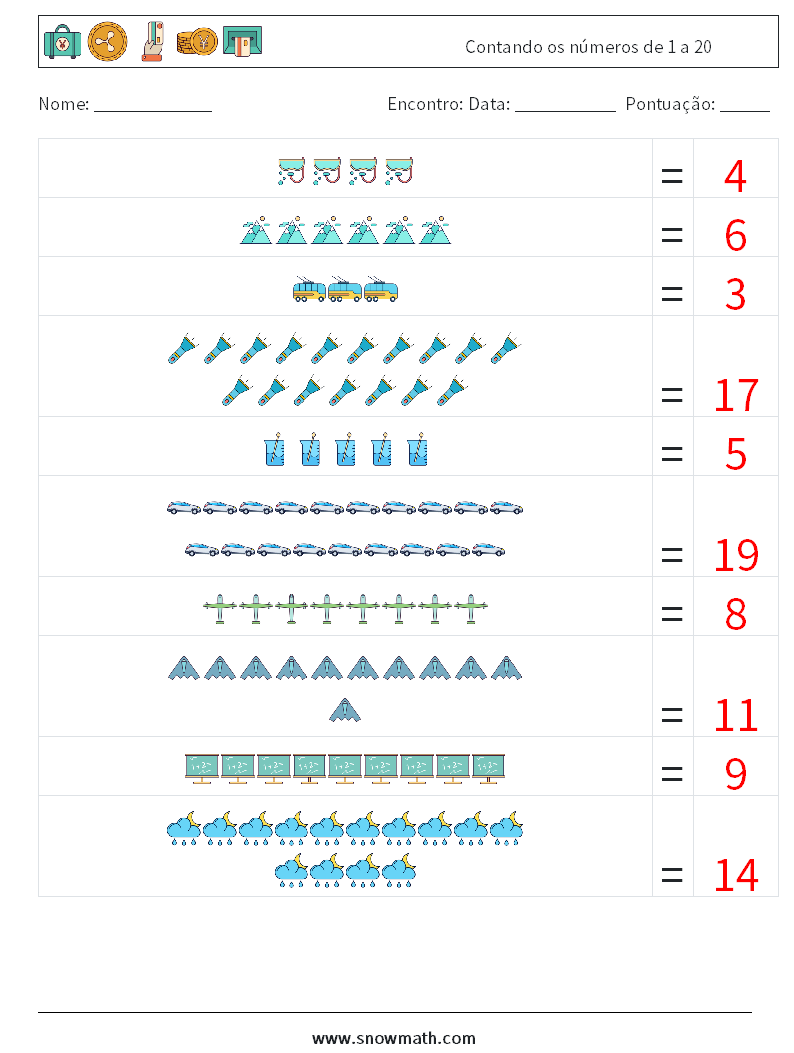 Contando os números de 1 a 20 planilhas matemáticas 17 Pergunta, Resposta