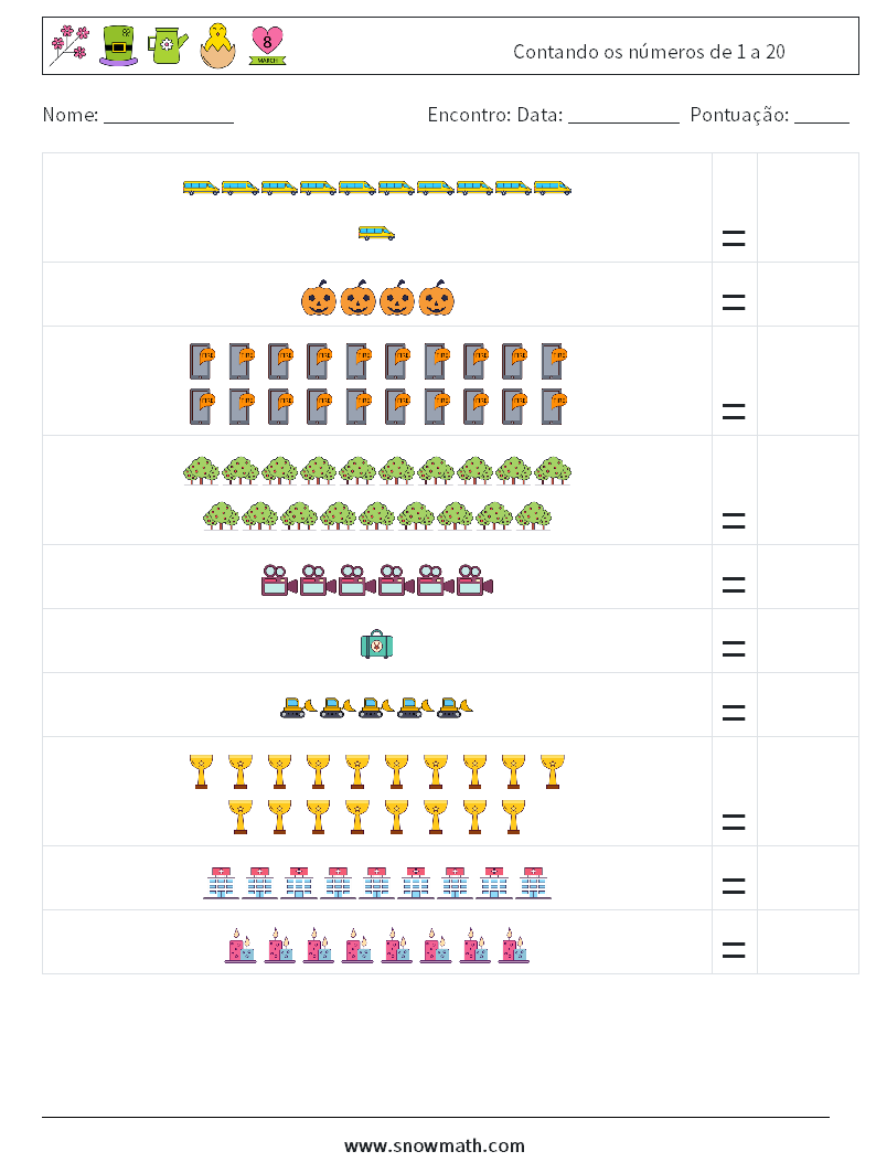 Contando os números de 1 a 20 planilhas matemáticas 18