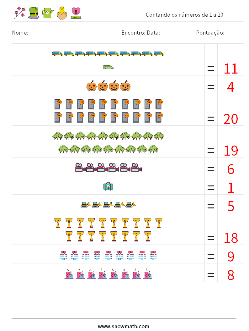 Contando os números de 1 a 20 planilhas matemáticas 18 Pergunta, Resposta