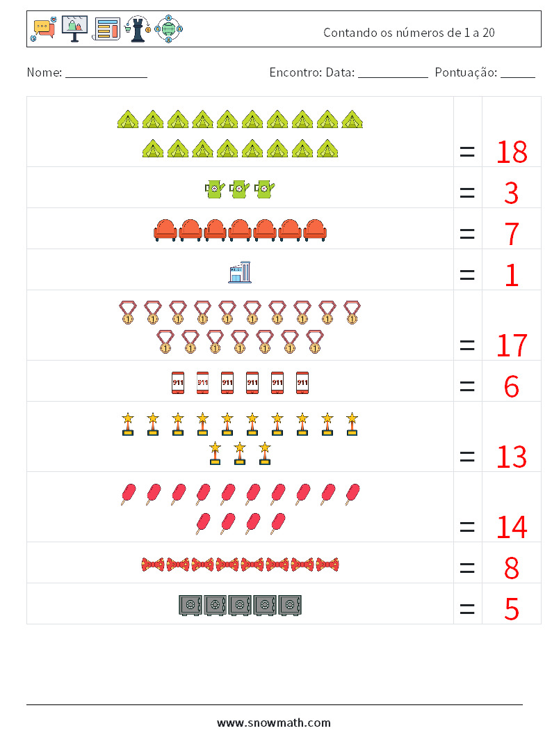Contando os números de 1 a 20 planilhas matemáticas 1 Pergunta, Resposta