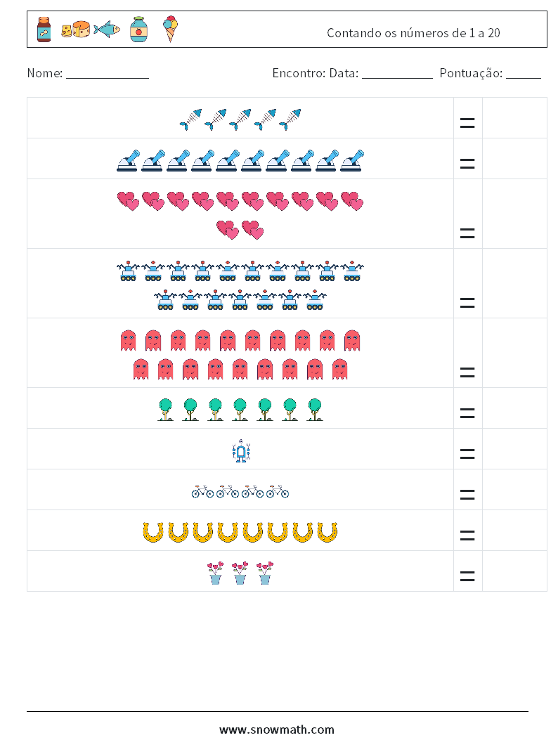 Contando os números de 1 a 20 planilhas matemáticas 2