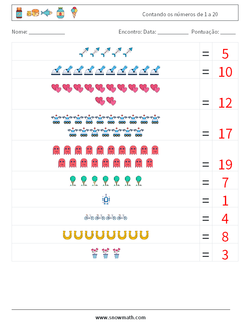 Contando os números de 1 a 20 planilhas matemáticas 2 Pergunta, Resposta