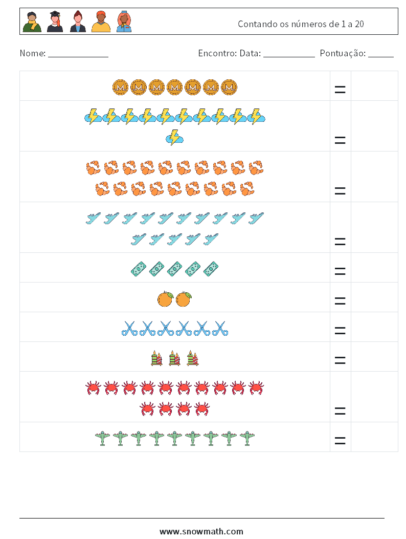 Contando os números de 1 a 20 planilhas matemáticas 3