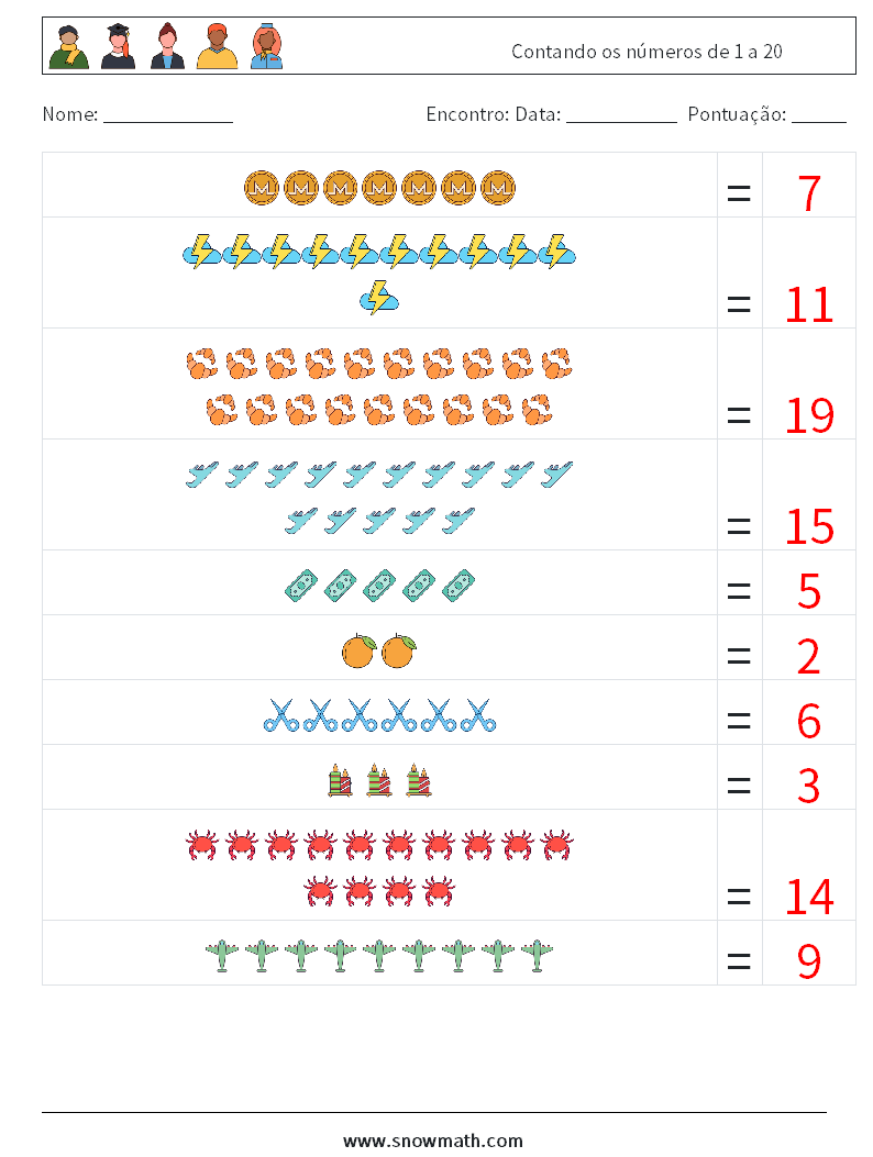 Contando os números de 1 a 20 planilhas matemáticas 3 Pergunta, Resposta