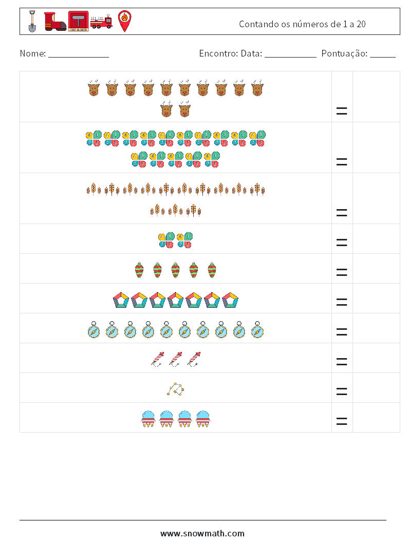 Contando os números de 1 a 20 planilhas matemáticas 4