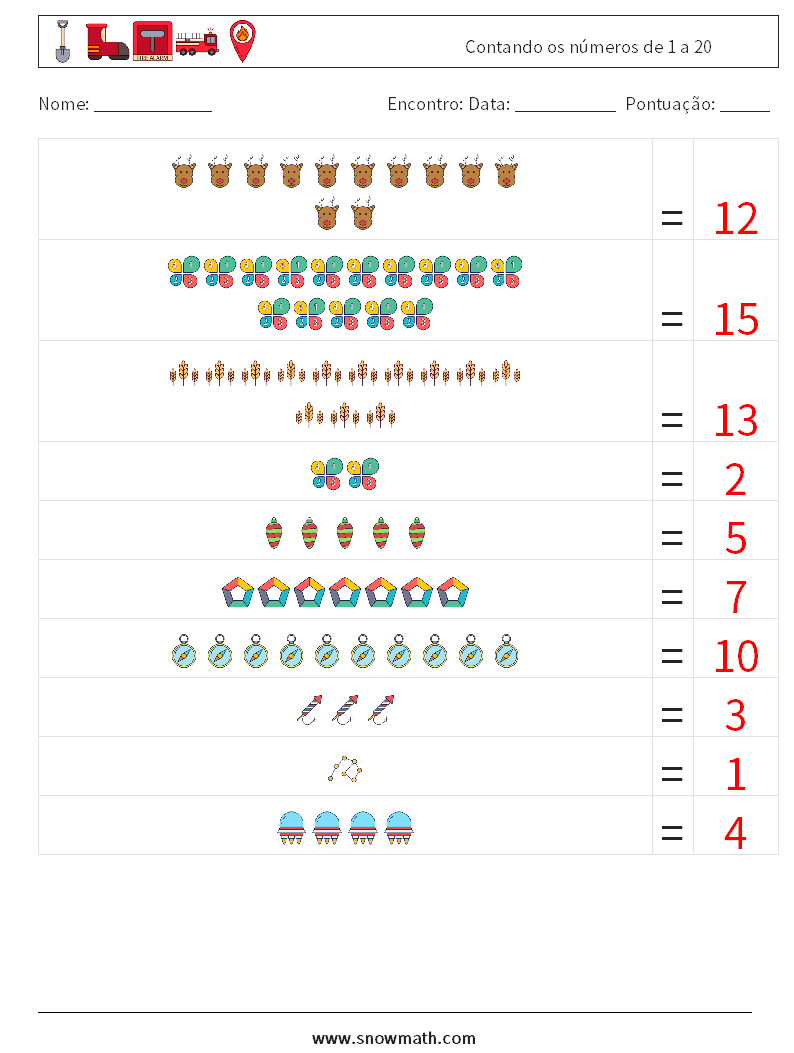 Contando os números de 1 a 20 planilhas matemáticas 4 Pergunta, Resposta