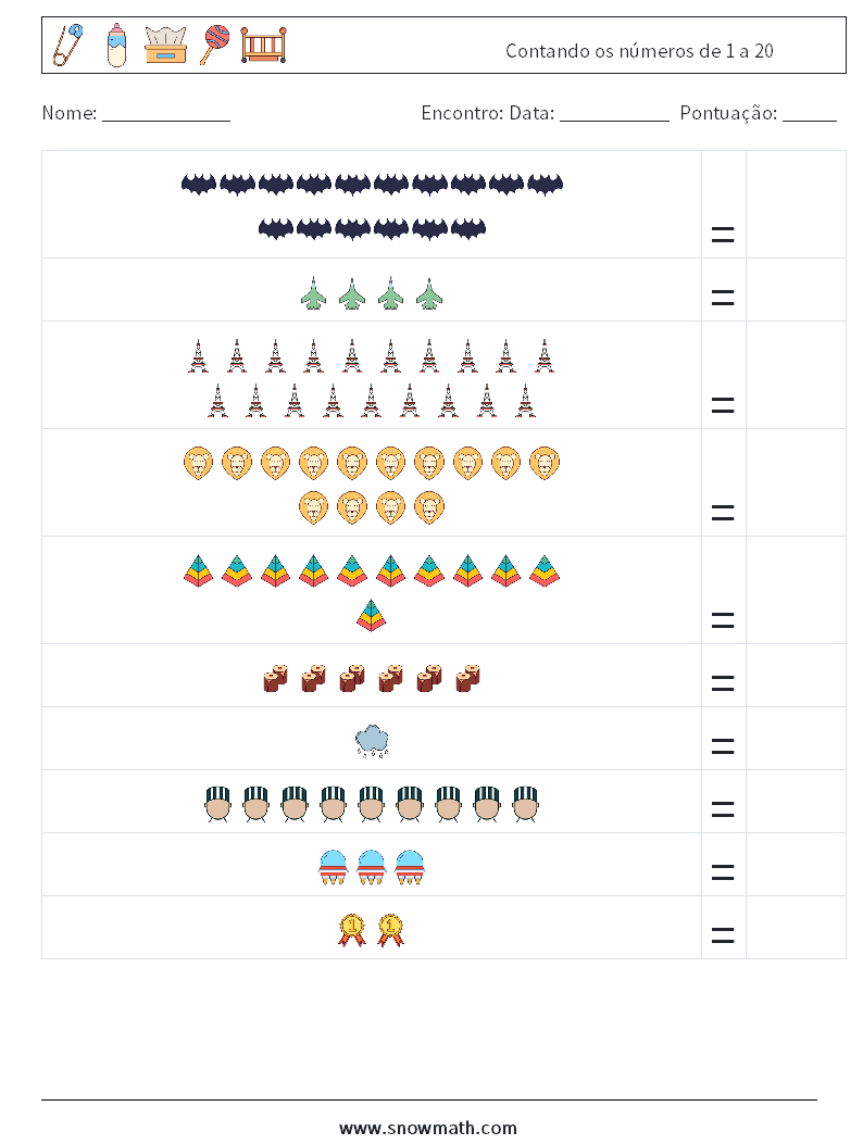 Contando os números de 1 a 20 planilhas matemáticas 5