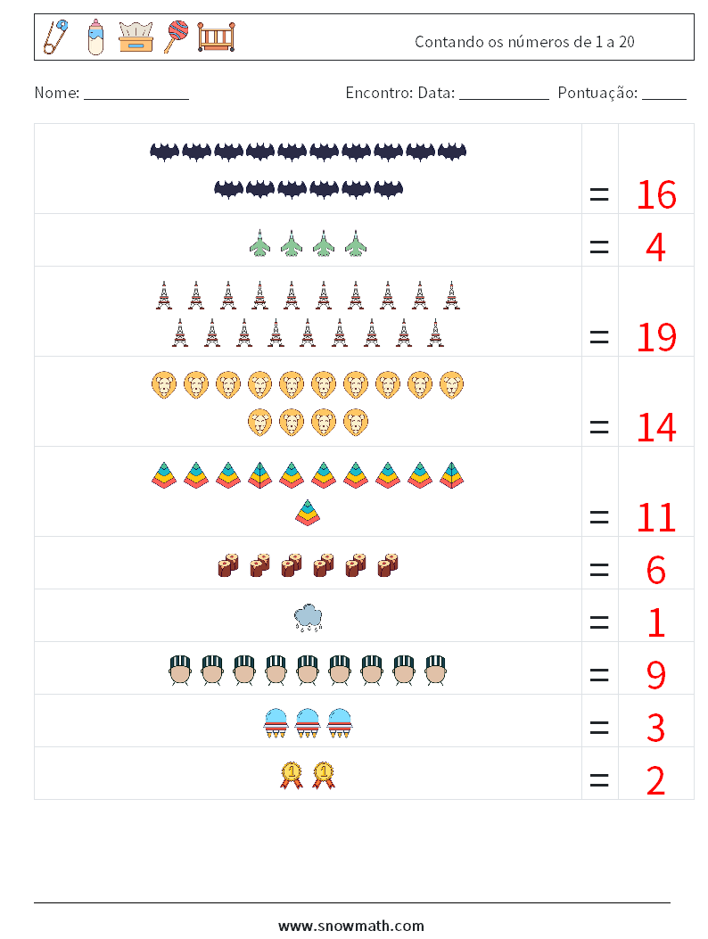 Contando os números de 1 a 20 planilhas matemáticas 5 Pergunta, Resposta