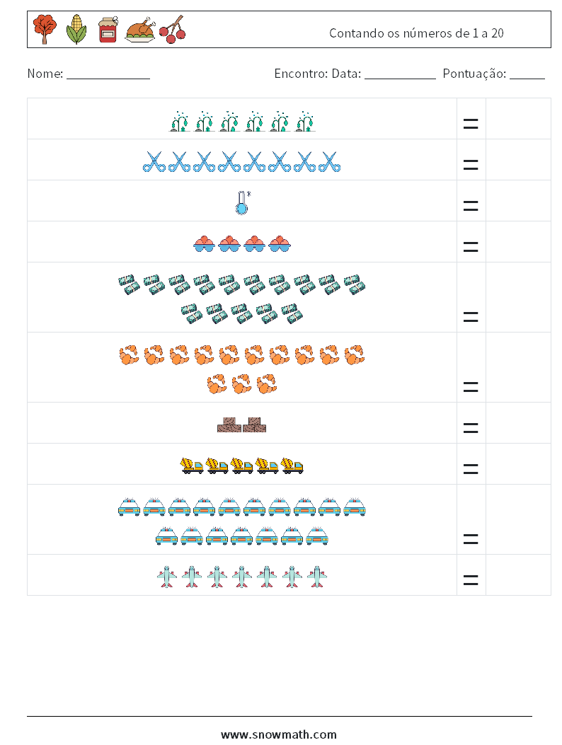 Contando os números de 1 a 20 planilhas matemáticas 6