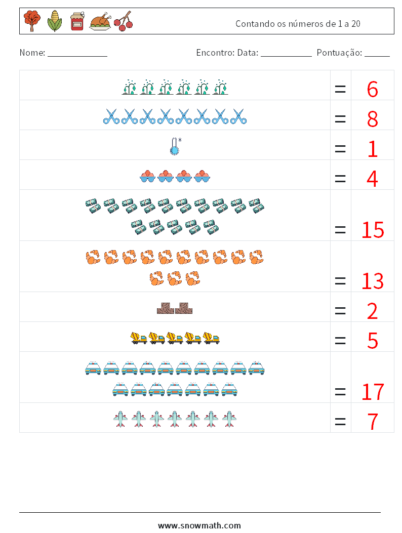 Contando os números de 1 a 20 planilhas matemáticas 6 Pergunta, Resposta