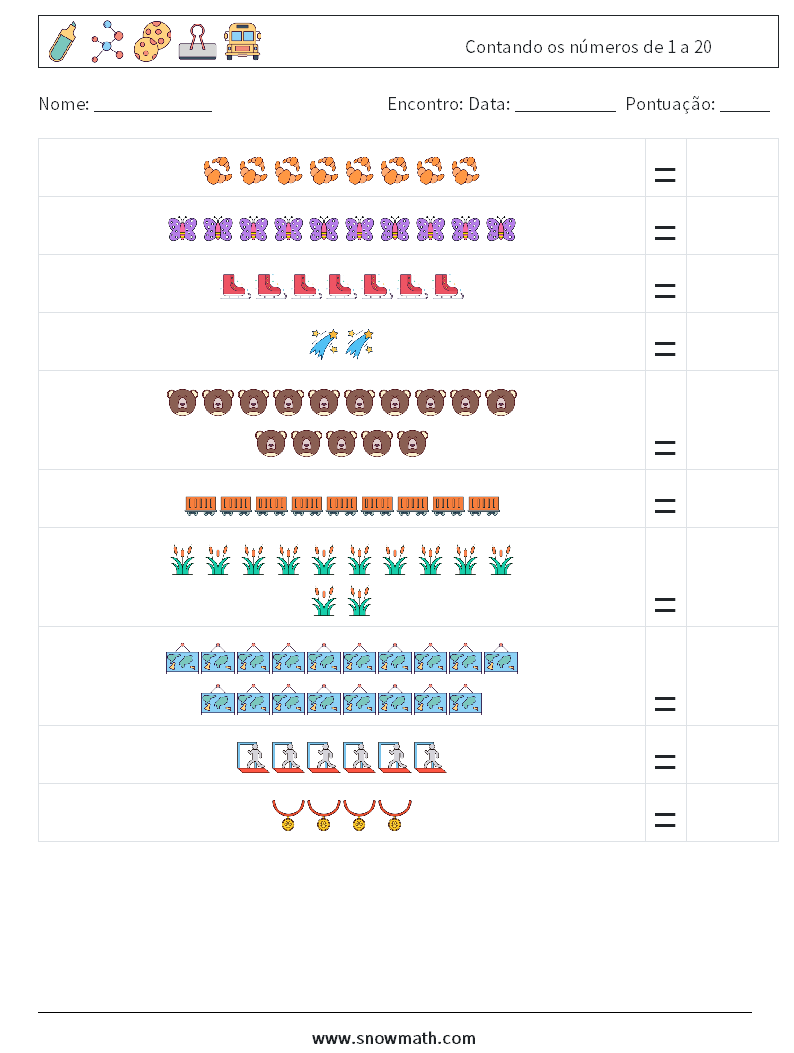 Contando os números de 1 a 20 planilhas matemáticas 7