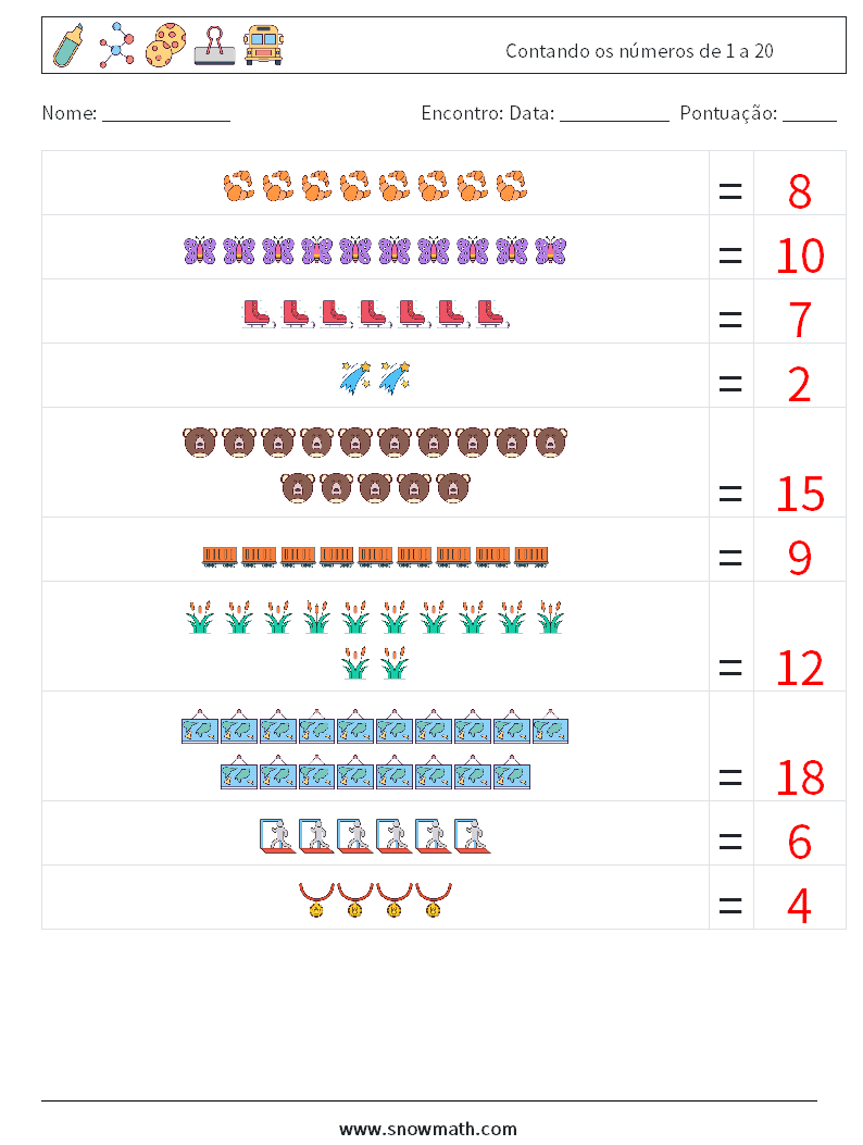 Contando os números de 1 a 20 planilhas matemáticas 7 Pergunta, Resposta