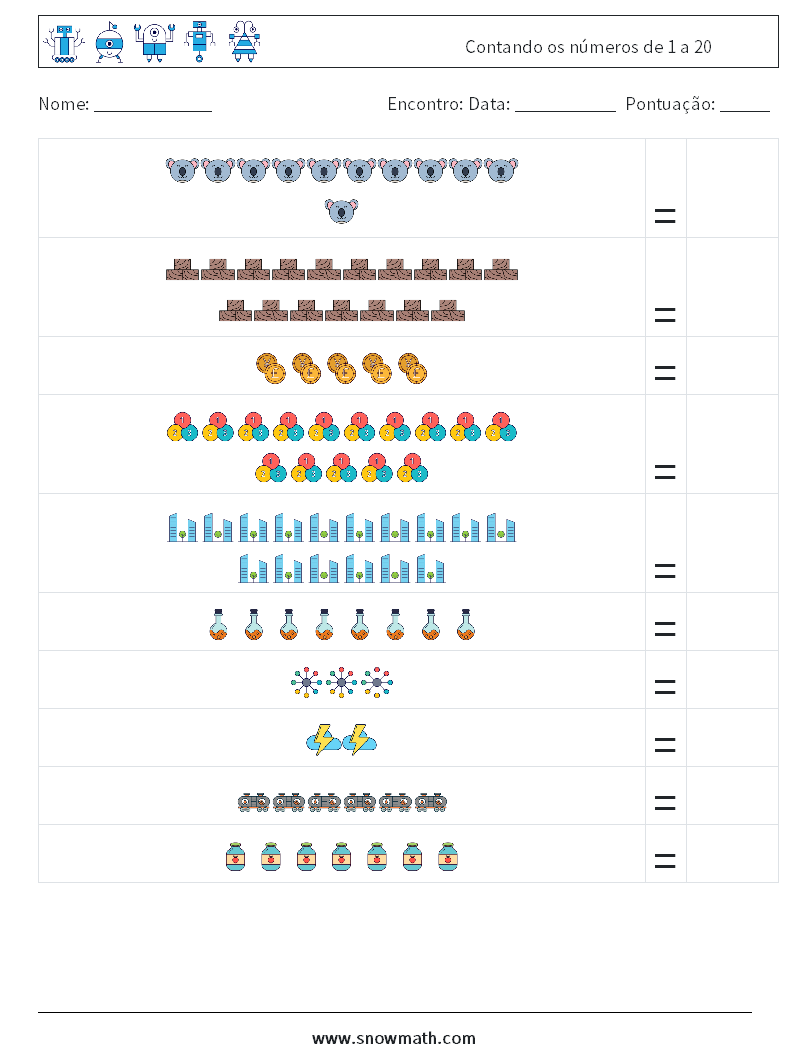 Contando os números de 1 a 20 planilhas matemáticas 8