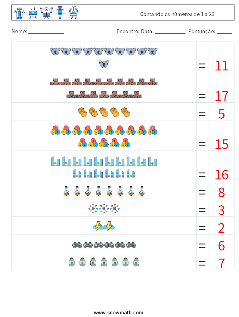 Contando os números de 1 a 20 planilhas matemáticas 8 Pergunta, Resposta