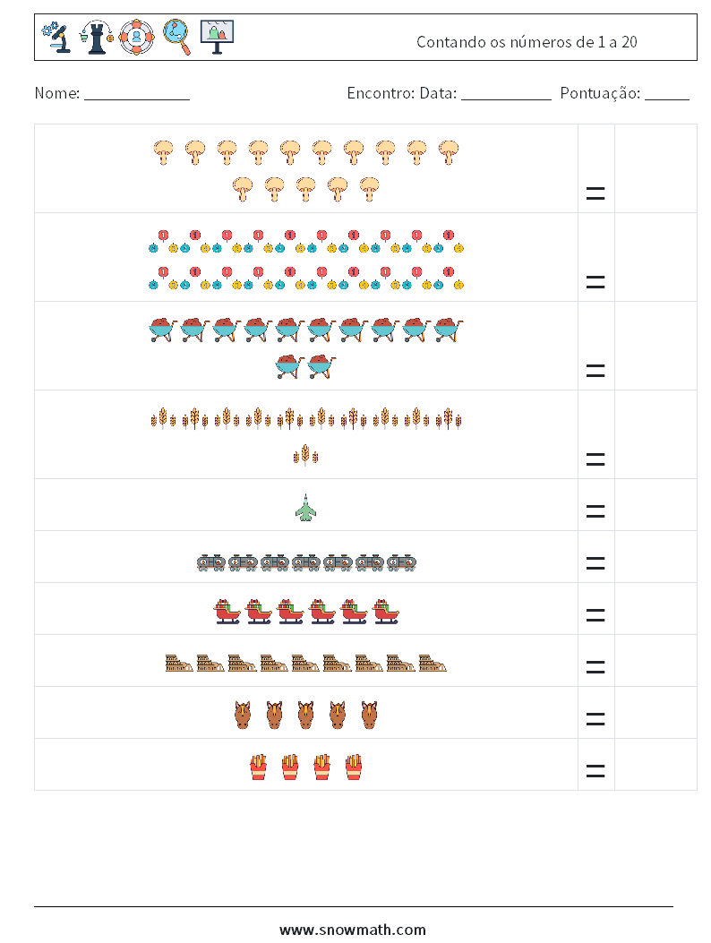 Contando os números de 1 a 20 planilhas matemáticas 9