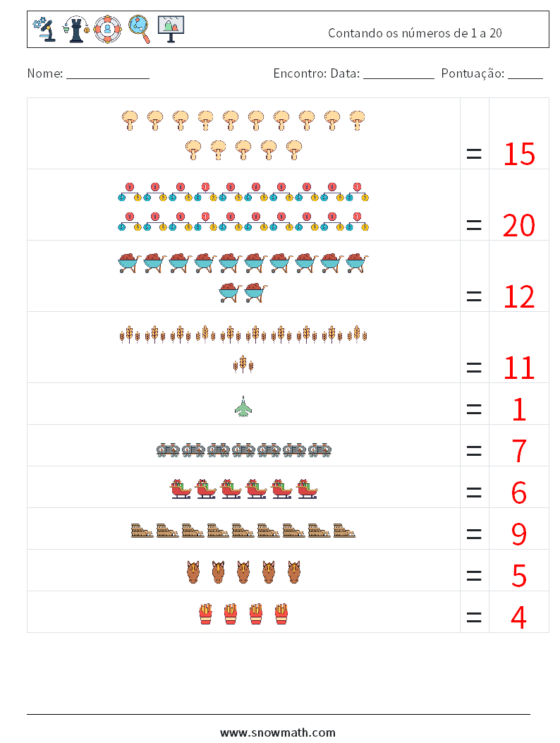 Contando os números de 1 a 20 planilhas matemáticas 9 Pergunta, Resposta