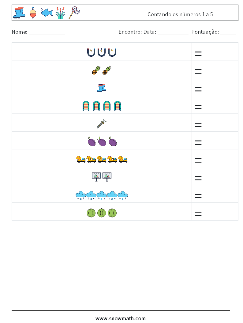 Contando os números 1 a 5 planilhas matemáticas 1