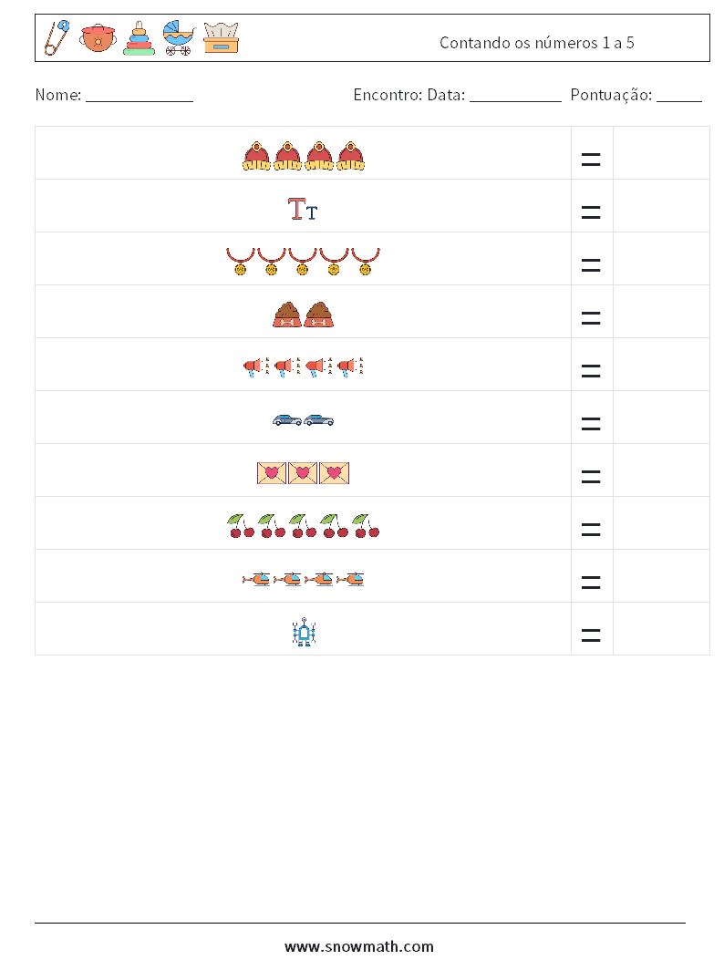 Contando os números 1 a 5 planilhas matemáticas 11