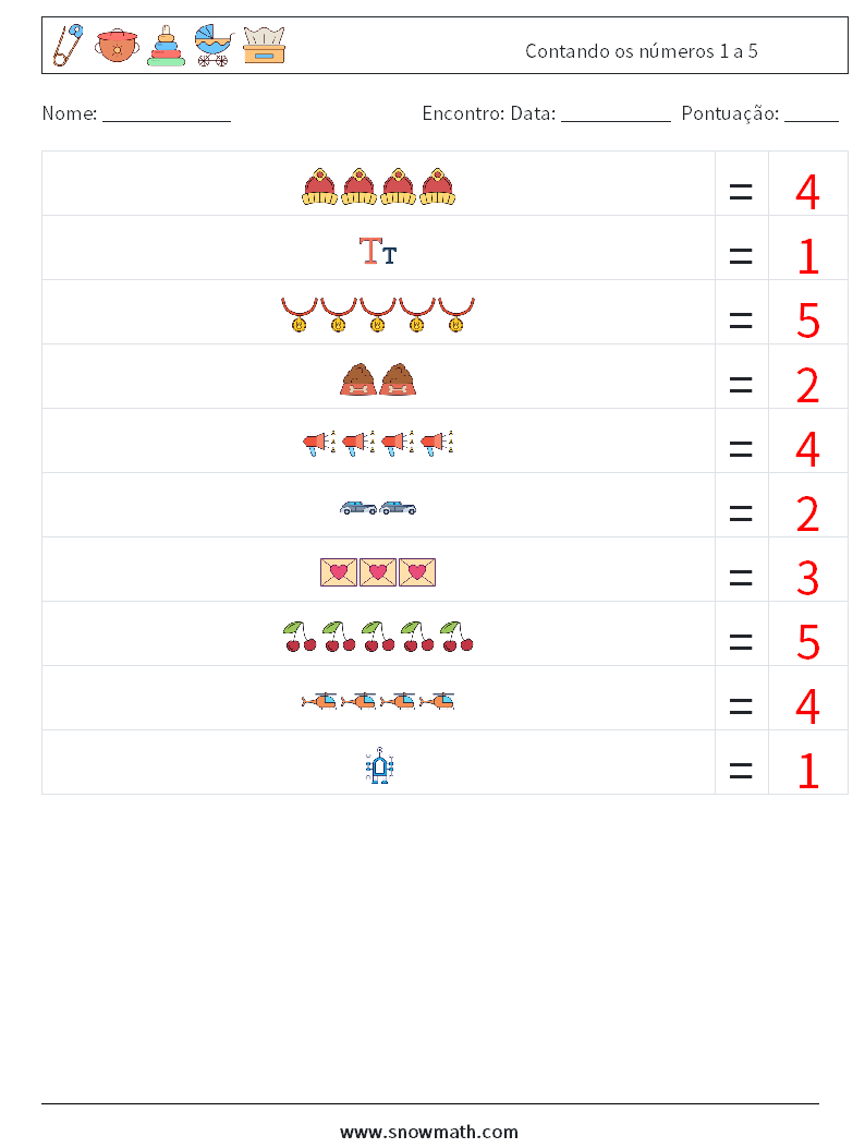 Contando os números 1 a 5 planilhas matemáticas 11 Pergunta, Resposta