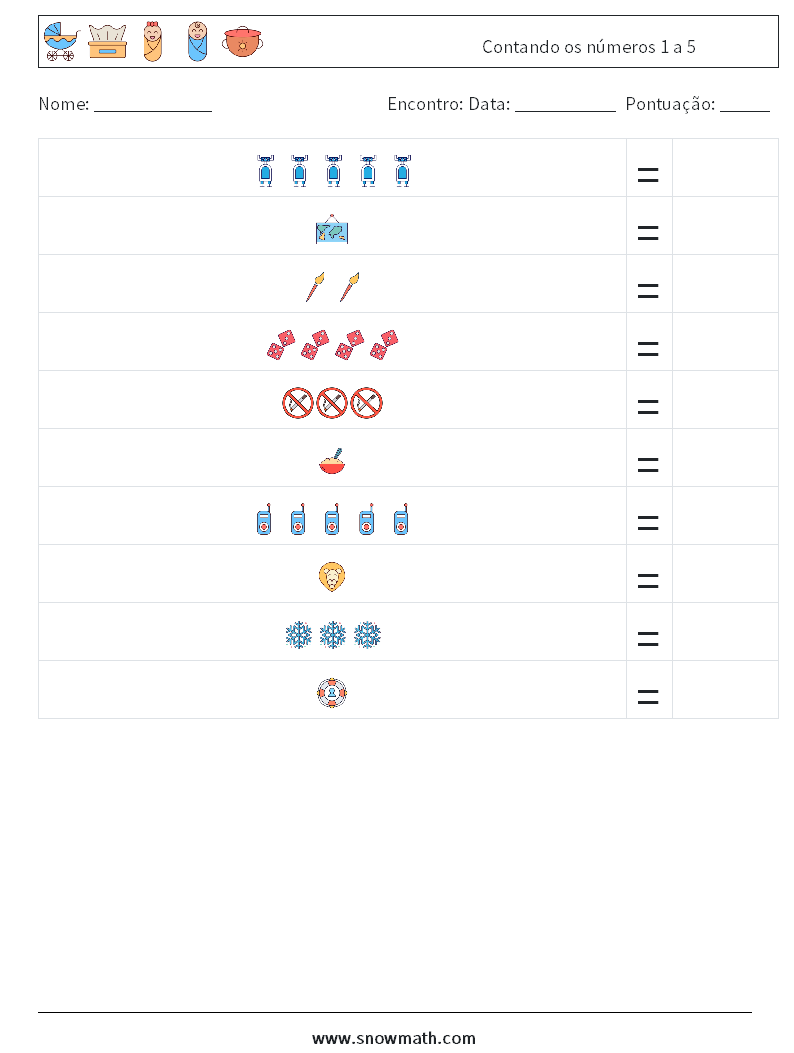 Contando os números 1 a 5 planilhas matemáticas 12